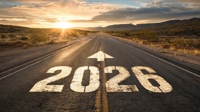 2026 New Year road trip on open highway through scenic nature landscape symbolizing future vision fresh start and happy holiday travel celebration background