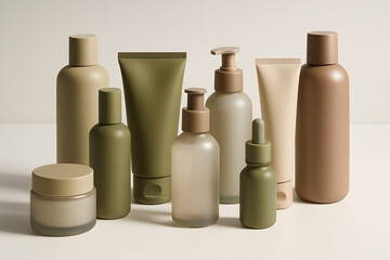 Essential Skincare Collection: A harmonious arrangement of cosmetic containers displays a collection of skincare essentials, showcasing their textures and packaging.