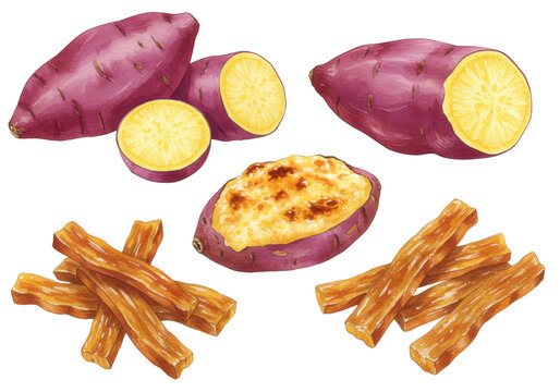 Watercolor botanical study of raw, baked yaki-imo, and dried hoshi-imo japanese sweet potatoes on a transparent background, showcasing transformation and rich texture. Concept of healthy autumn