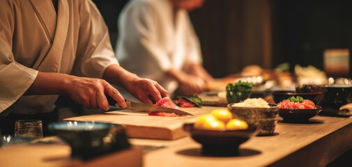 The Sushi Chef Preparing Fresh Sashimi at a Traditional Japanese Restaurant Counter