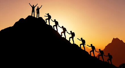 Silhouetted hikers ascend a mountain at sunrise with arms raised in triumph climbing hiking
