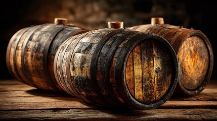 High-resolution image showcasing three wooden barrels with rich texture and rustic background