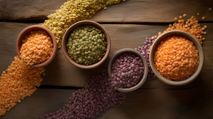 Assortment of Colorful Lentils for World Pulses Day on Rustic Wood Background.