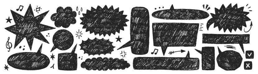 Set of text boxes with organic texture of crayon, chalk or pastel . Square, star, cloud in retro style. Black vector illustration on a white background.