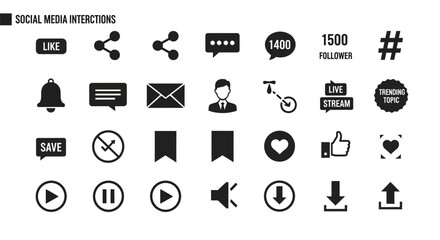 Social Media Interaction Icons Set Featuring Like, Share, Comment, Follower, and Notifications
