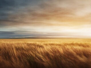 Golden wheat field swaying in warm sunset light with soft motion blur for peaceful landscape and countryside nature backgrounds