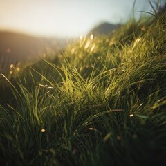 Soft sunlit close-up of fresh green grass blades glowing in warm golden light for peaceful outdoor and natural backgrounds