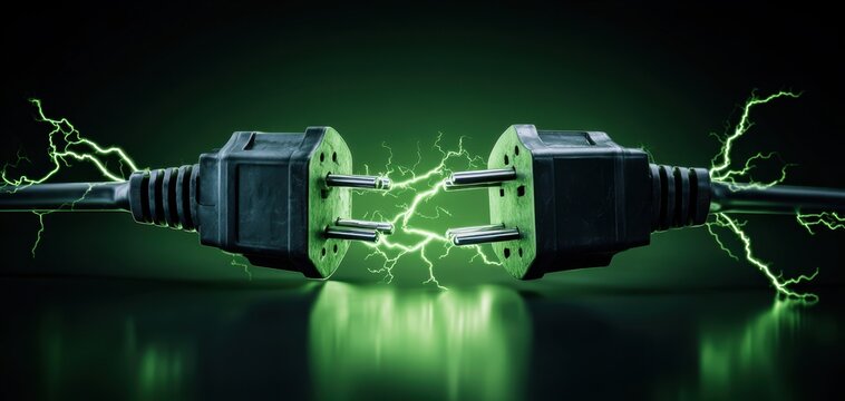 The Power Plug Connection Emitting Green Lightning Sparks and Energy Surge - Powered by Adobe