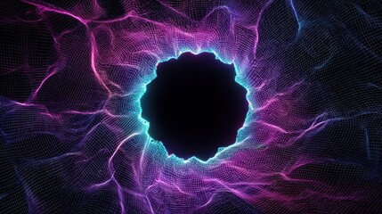 Vibrant network tunnel with neon blue and pink, data streams and black hole.