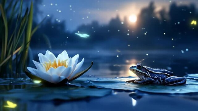 Frog resting beside water lily in tranquil pond at dusk