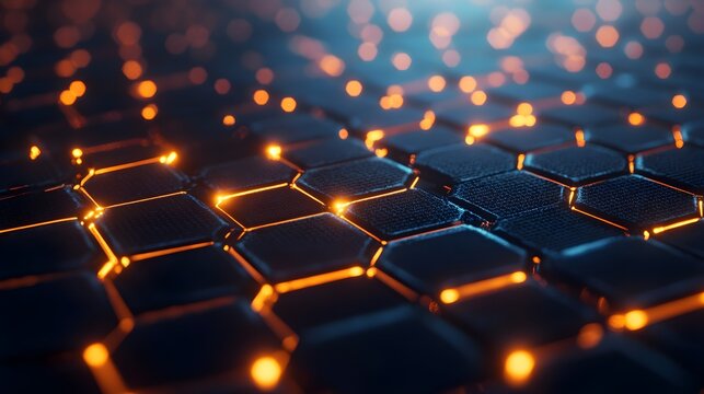 Abstract dark hexagonal grid surface glows with vibrant orange light lines suggesting futuristic technology and digital network connections - Powered by Adobe