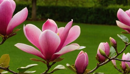 Colorful magnolia flower in blooming phase with soft petals and vibrant colors in a serene garden setting. 7