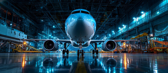 Fototapeta premium passenger jet aircraft airplane hangar maintenance
