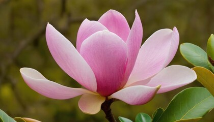 Colorful magnolia flower in blooming phase with soft petals and vibrant colors in a serene garden setting. 6