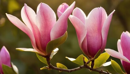 Colorful magnolia flower in blooming phase with soft petals and vibrant colors in a serene garden setting. 5
