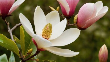 Colorful magnolia flower in blooming phase with soft petals and vibrant colors in a serene garden setting. 3