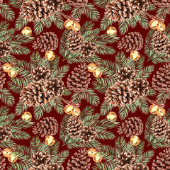 Fototapeta premium Watercolor pine branches with cones and round bells seamless pattern for Christmas design. Hand-drawn illustration spruce twig for winter holiday decor. Conifer plant natural background for textile.