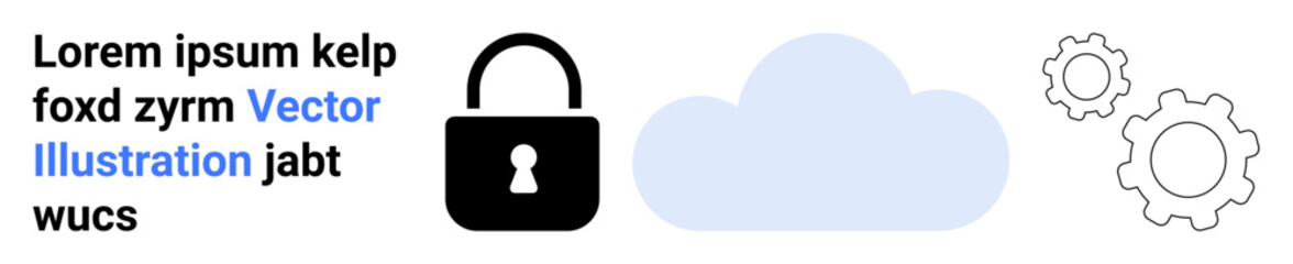 Data security, cloud storage, cybersecurity, technology processes, information security, system operations. Black lock, blue cloud outlined gears. Data security and cloud storage concepts