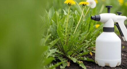 Obraz premium A white herbicide sprayer positioned near persistent weeds and dandelions, representing an essential ecology and garden maintenance concept