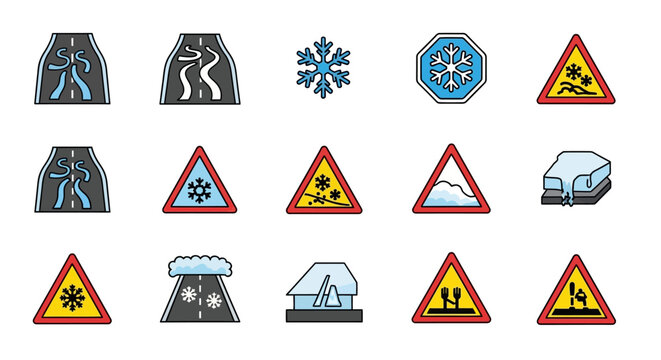 Collection of winter weather road condition warning signs and symbols.