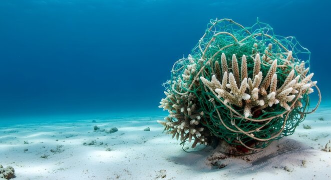 A ghost fishing net entangling a dying coral on the ocean floor, highlighting the critical ecology impact concept of marine pollution