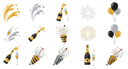 A collection of festive celebration icons including champagne bottles, popping confetti crackers, bursts of fireworks, and balloons.