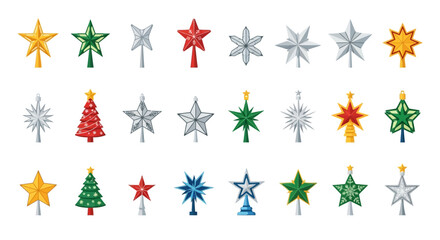 A collection of various Christmas tree toppers, including stars and trees in different colors and styles.