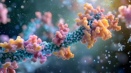 Detailed microscopic rendering of a complex biological molecule structure featuring vibrant orange and teal components floating in a fluid medium