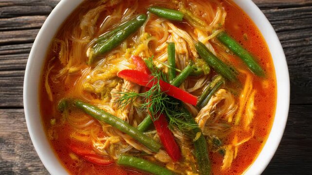 Overhead Shot of Vibrant Chicken Noodle Soup with Green Beans and Red Peppers in White Bowl on Rustic Dark Wood Table Top Surface High Angle Studio Shot