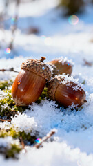 acorns in the snow