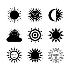 Sun Icon Set. Vector Design Pack Isolated on White Background. Grunge Stamp Vector Illustration.
