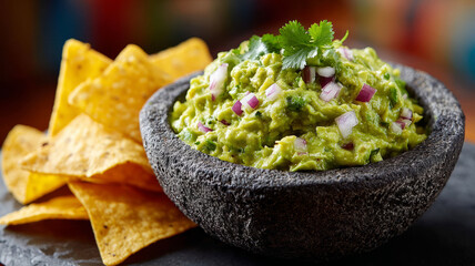 Bowl of guacamole with tortilla chips on a rustic setting.