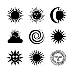 Sun Icon Set. Vector Design Pack Isolated on White Background. Grunge Stamp Vector Illustration.