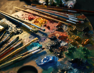 Obraz premium A close-up view of an artist's wooden palette covered with vibrant oil paints and an assortment of paintbrushes, ready for creative work.