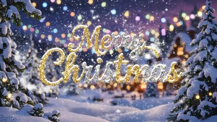 Enchanting christmas village animation with snow-covered pines, twinkling lights and sparkling text overlay creating a serene festive ambiance