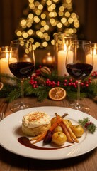 Elegant Christmas dinner with candles, wine and festive fine-dining plate
