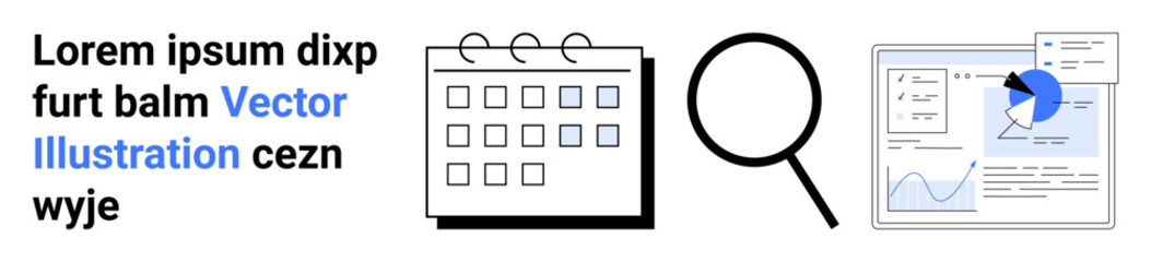 Business management, scheduling, data analysis, market research, productivity, and organization. Includes calendar, magnifying glass and analytics chart. Scheduling and data analysis concept