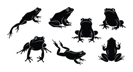 A collection of black silhouette frogs in various playful poses and positions