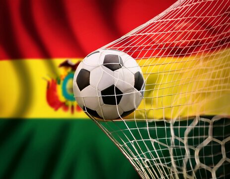 soccer ball with the goal net; Bolivia flag in the background