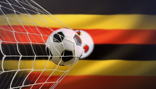 soccer ball with the goal net; Uganda flag blurred in the background
