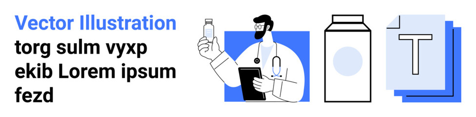 Medical research, product packaging, pharmaceutical development, healthcare documentation, data analysis, medication safety. A doctor holding a bottle with documents and package illustrations