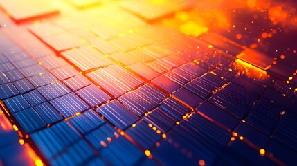 Close up of glowing solar panel cells capturing intense orange sunlight in a futuristic renewable energy technology concept