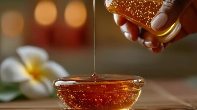 Honey is poured from a bottle into a bowl on a wooden surface with flowers and candles in the background