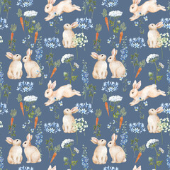 Watercolor seamless pattern with cute bunnies, blue flowers and carrots on dark blue background. Hand-painted spring design perfect for nursery decor, Easter fabric, wrapping paper and wallpaper.
