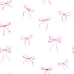 Watercolor seamless pattern with pink bows and stripes on white background. Cute girly design perfect for packaging, fabric, wallpaper, baby decor and gift wrapping.