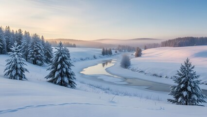 Obraz premium A serene winter landscape with a winding river through snowy fields and trees