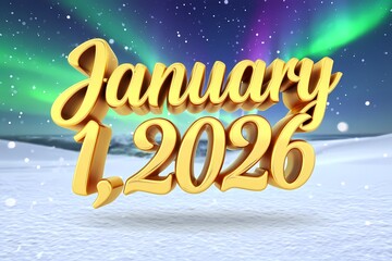 January 1, 2026, Golden 3D Text with Snowy Landscape and Northern Lights