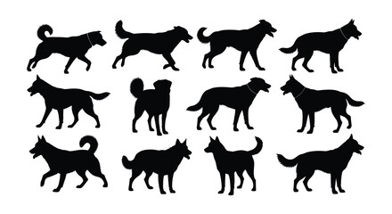 Silhouette collection displaying various breeds of dogs in different poses