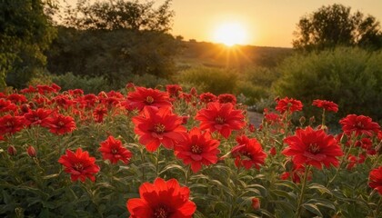 Colorful red flower blooms in a sunlit garden at sunset highlighting natural beauty and tranquility. 10