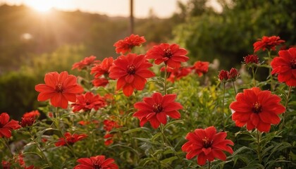 Colorful red flower blooms in a sunlit garden at sunset highlighting natural beauty and tranquility. 9